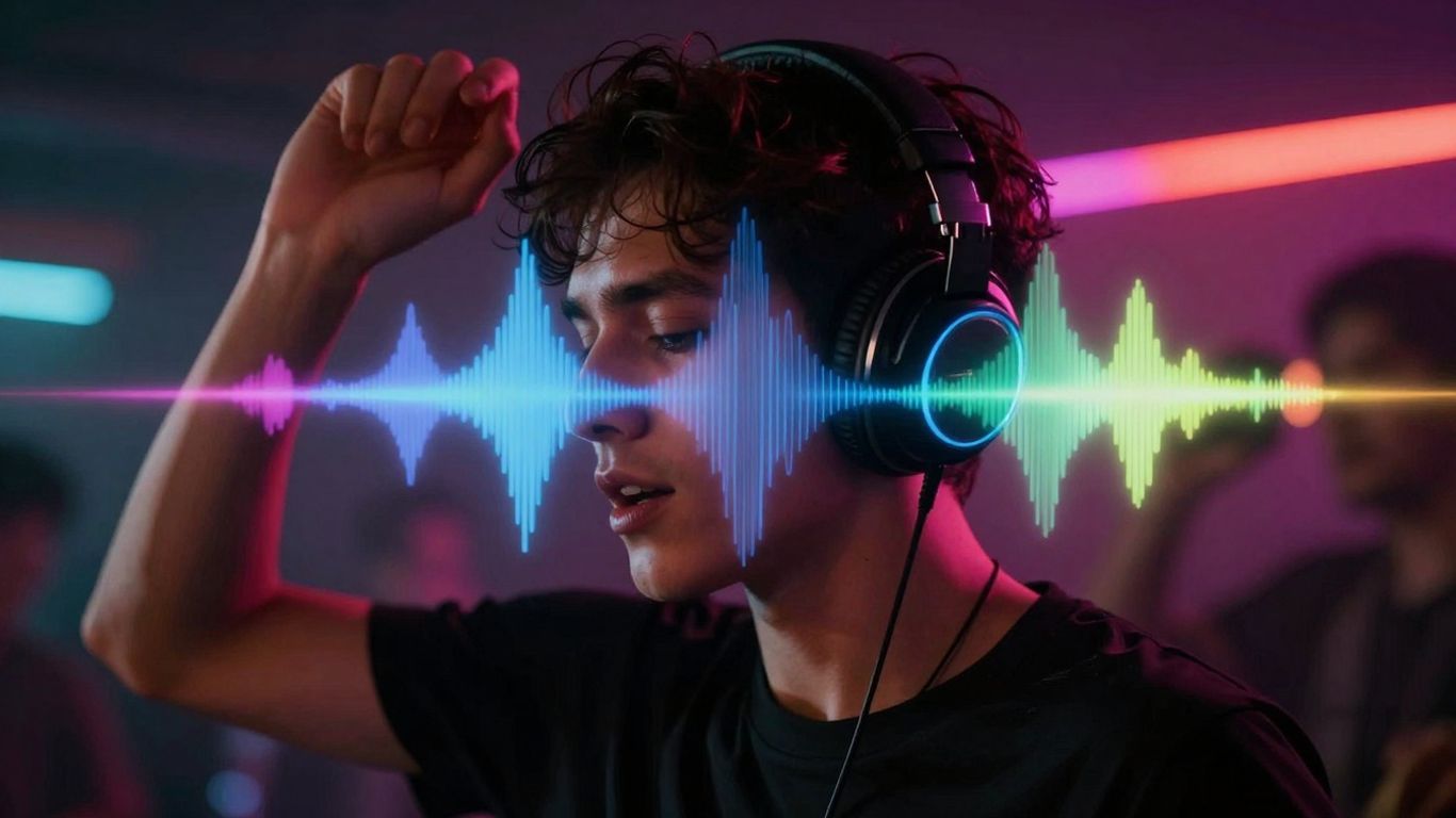 Person dancing energetically with music sound waves.