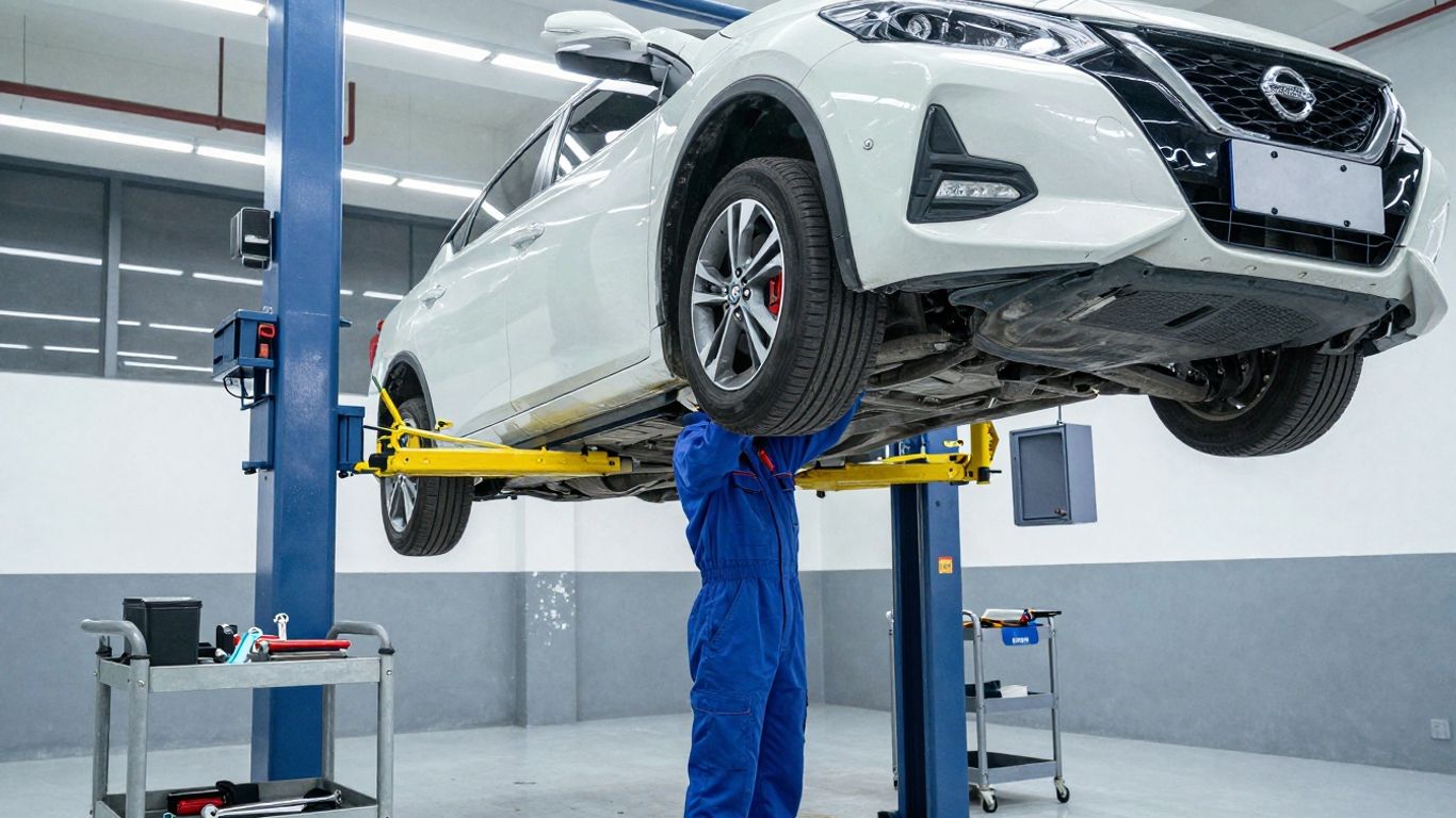 Nissan car being serviced in a repair shop.