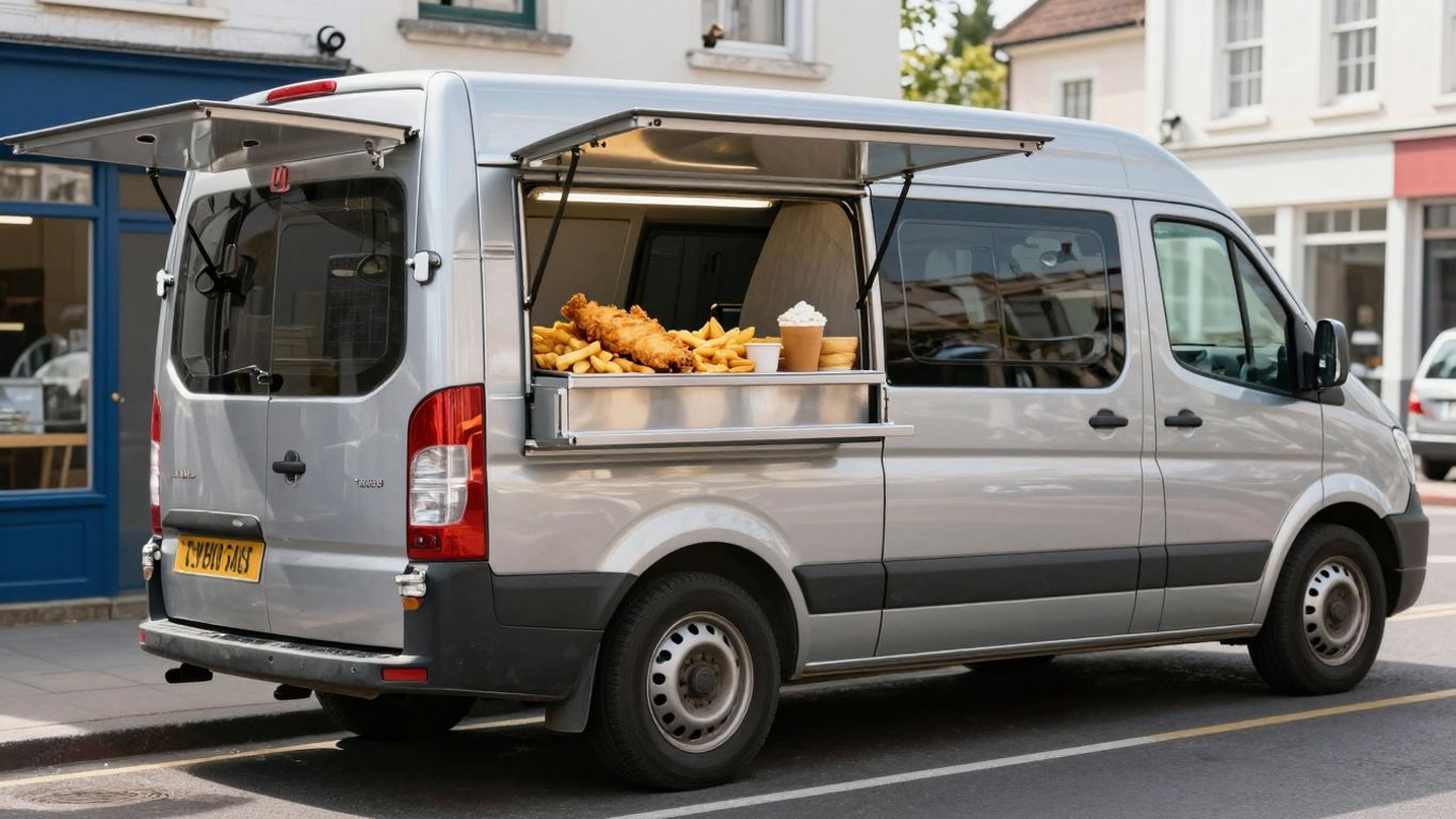 Shiny fish and chip van with food ready to serve.