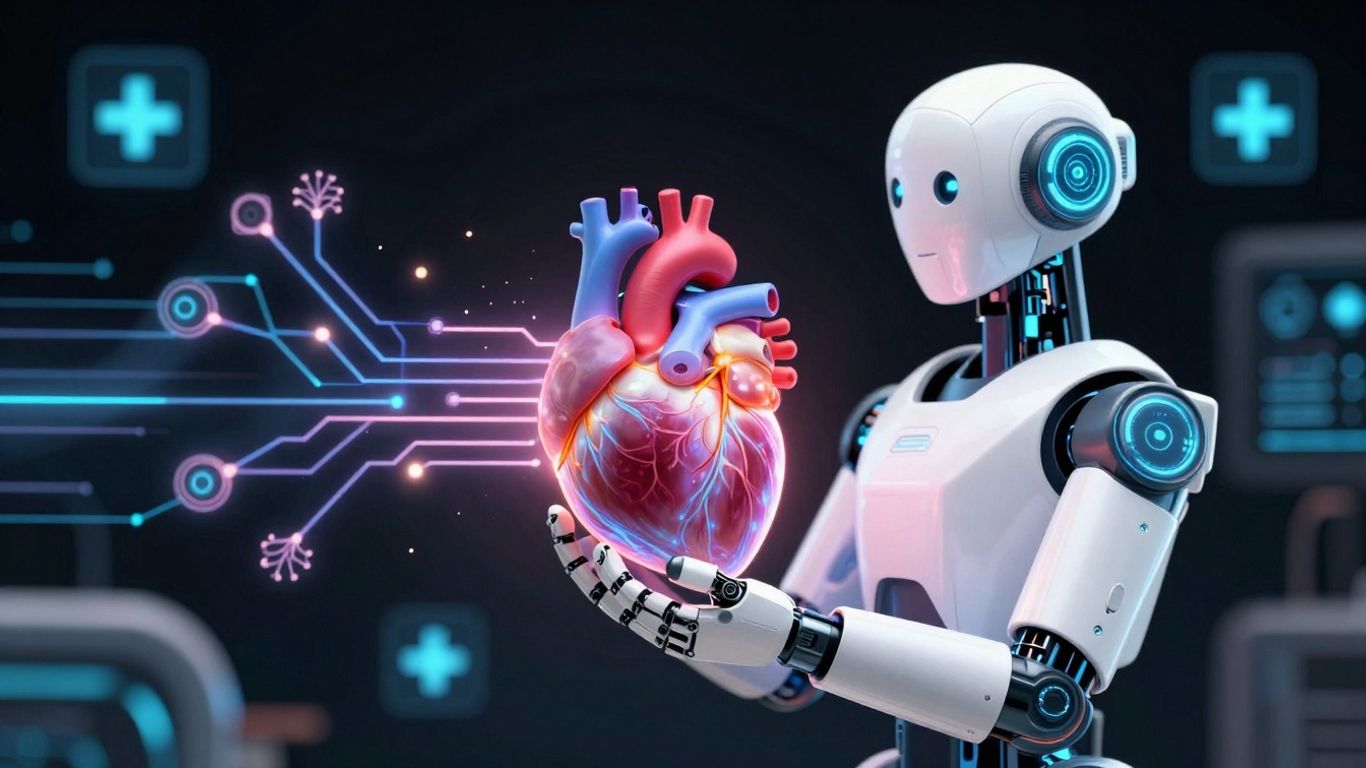 Futuristic robot with glowing heart, AI in healthcare