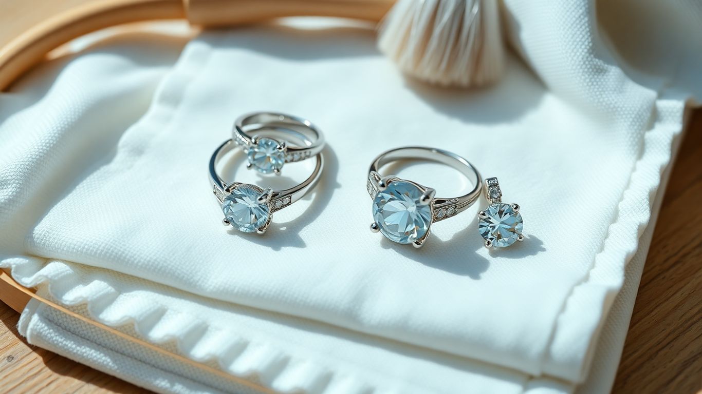 Close-up of sparkling moissanite jewelry and cleaning tools.