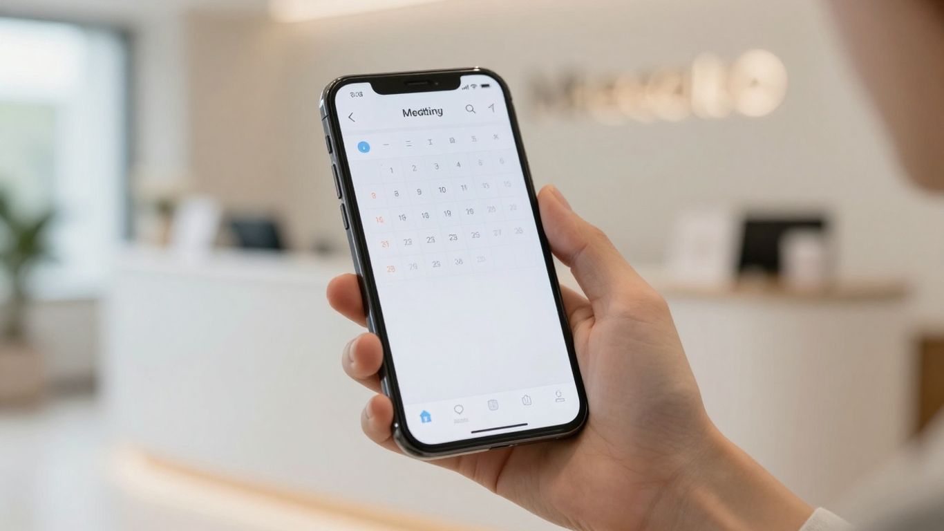 Hand holding phone with medspa appointment calendar.