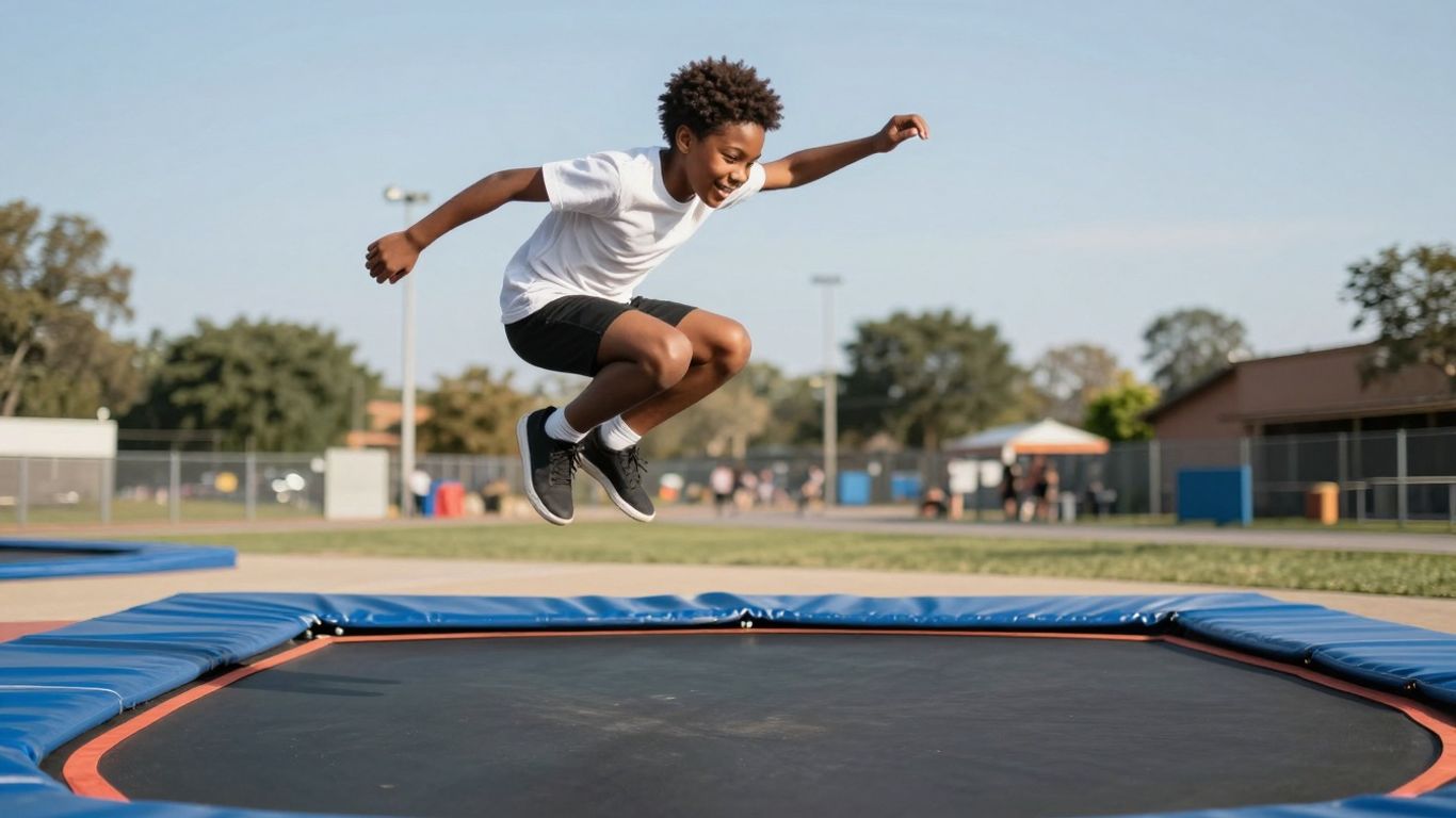 Person jumping high on a trampoline outdoors.