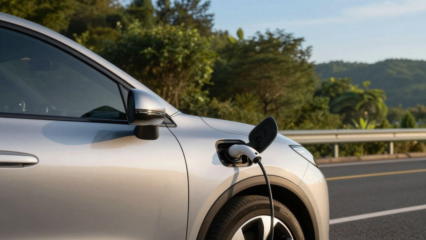 Electric car on a sunny road, charging port visible.