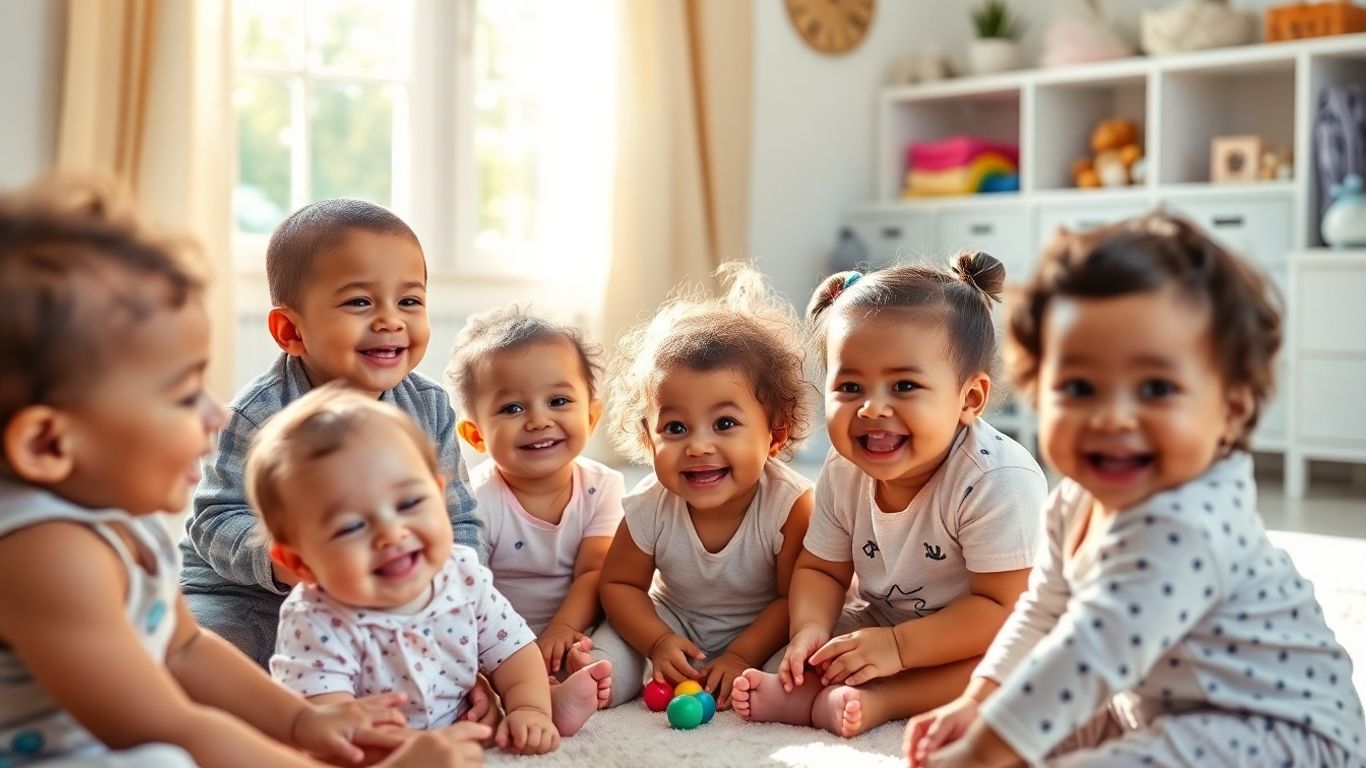 Babys und Kleinkinder spielen zusammen in einem sonnigen Raum.
