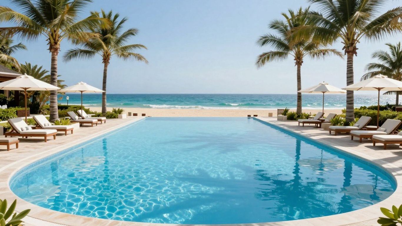 Adults-only resort pool with palm trees and ocean view.
