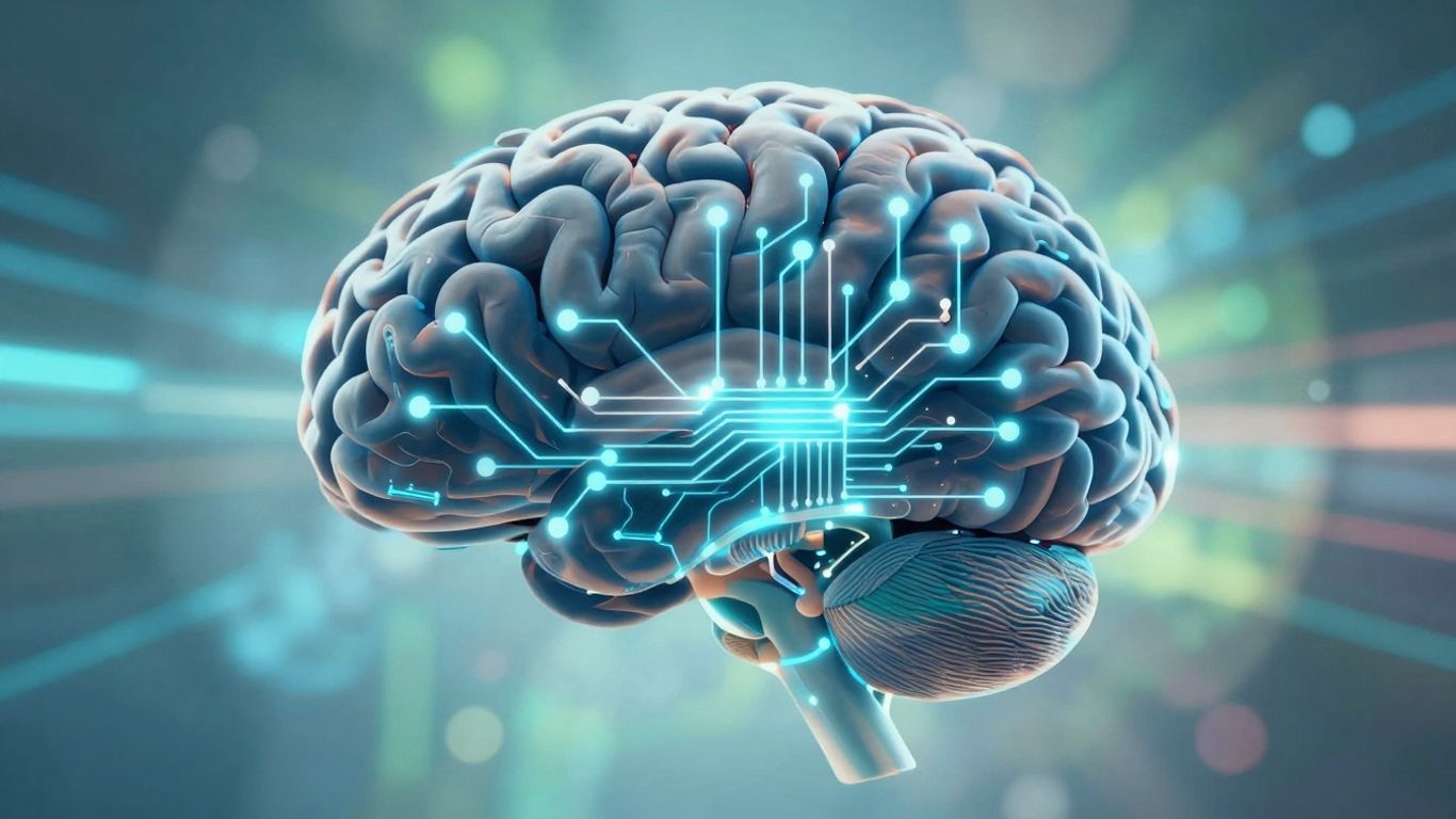 Digital brain with glowing circuits, mental health technology concept.