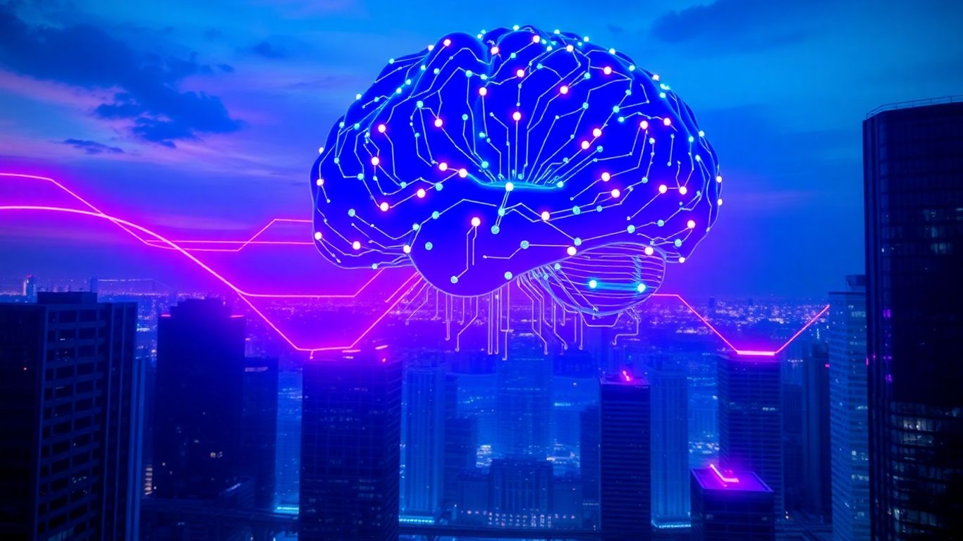 Futuristic glowing AI brain over a modern cityscape