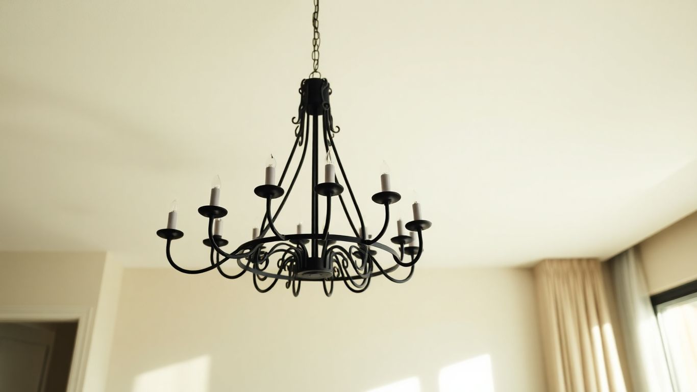 Elegant black chandelier in a modern room.