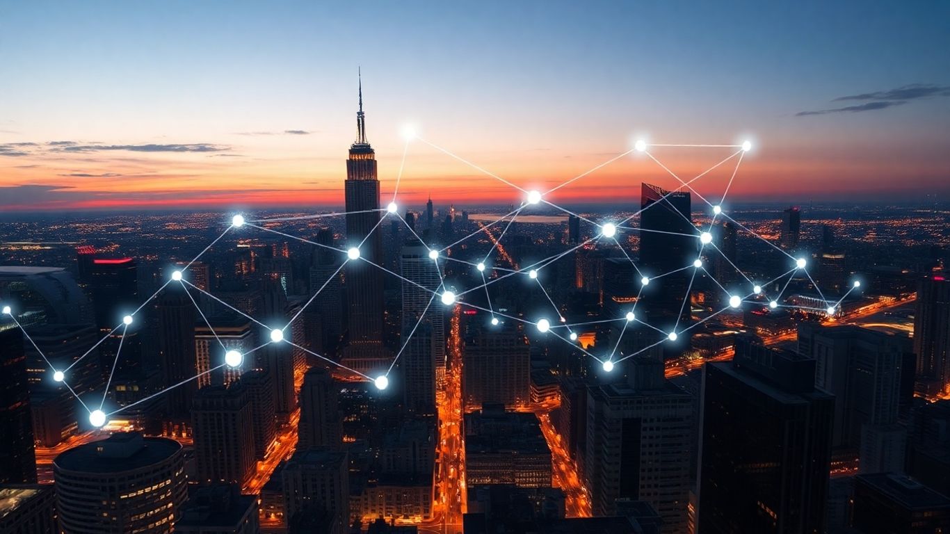 Cityscape with glowing blockchain network lines connecting skyscrapers.