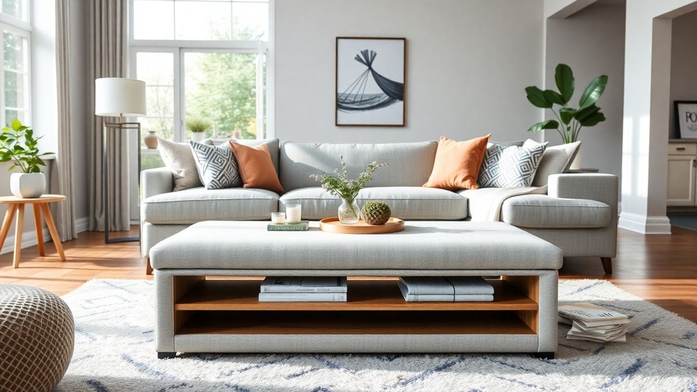 Coffee table ottoman with shelf in stylish living room