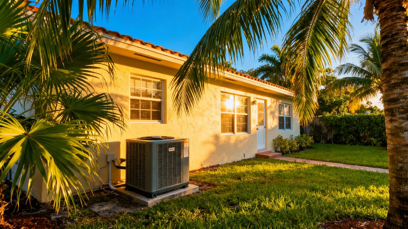 Miami home with AC unit and palm trees.