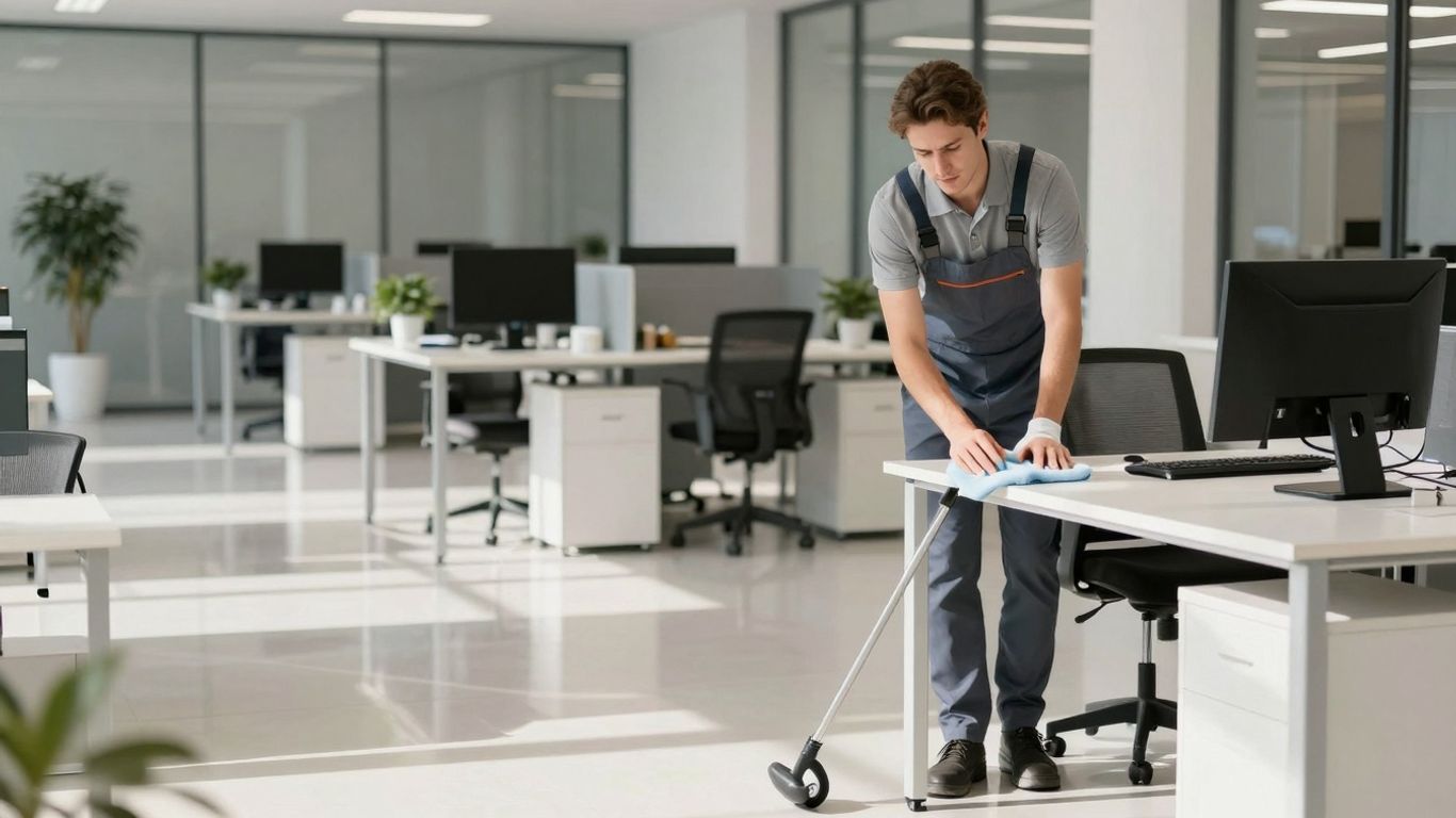 Clean office space with professional cleaner at work.