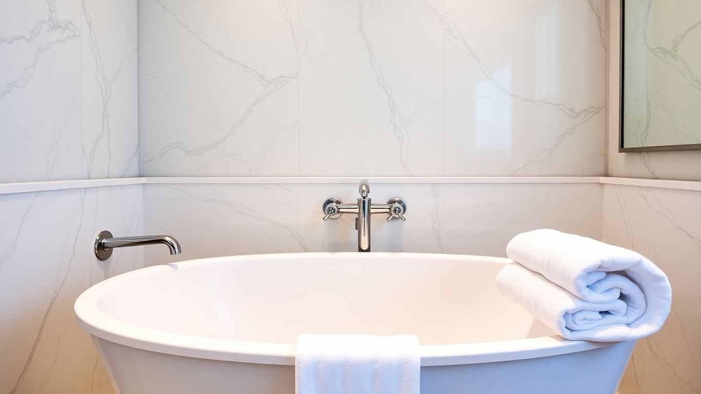 Luxurious bathroom with soaking tub and elegant tile.