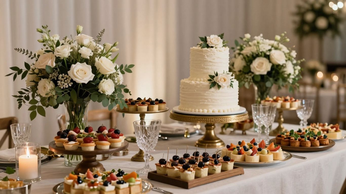 Wedding reception table with food and cake.