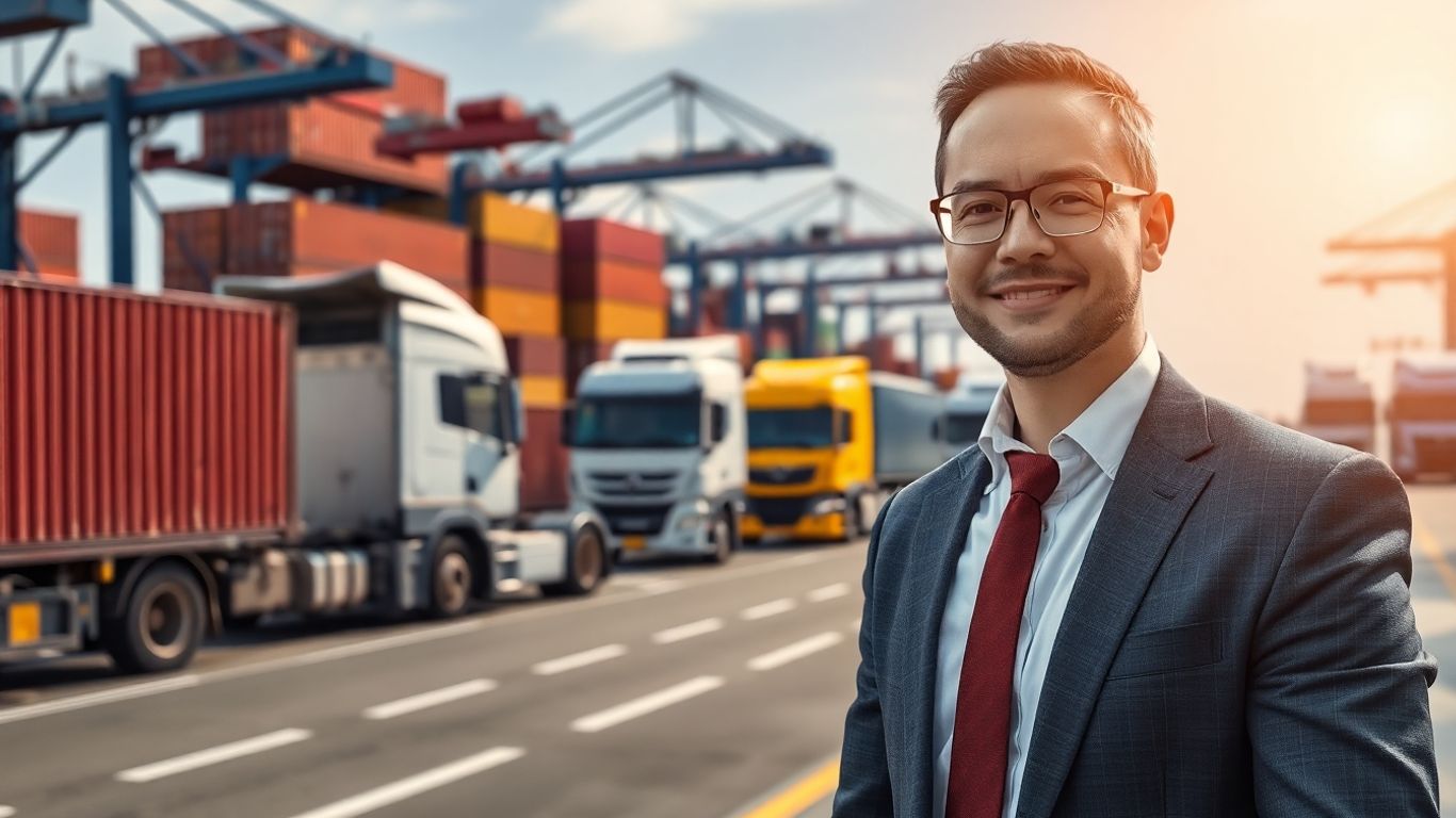 Freight broker at shipping yard with trucks and containers