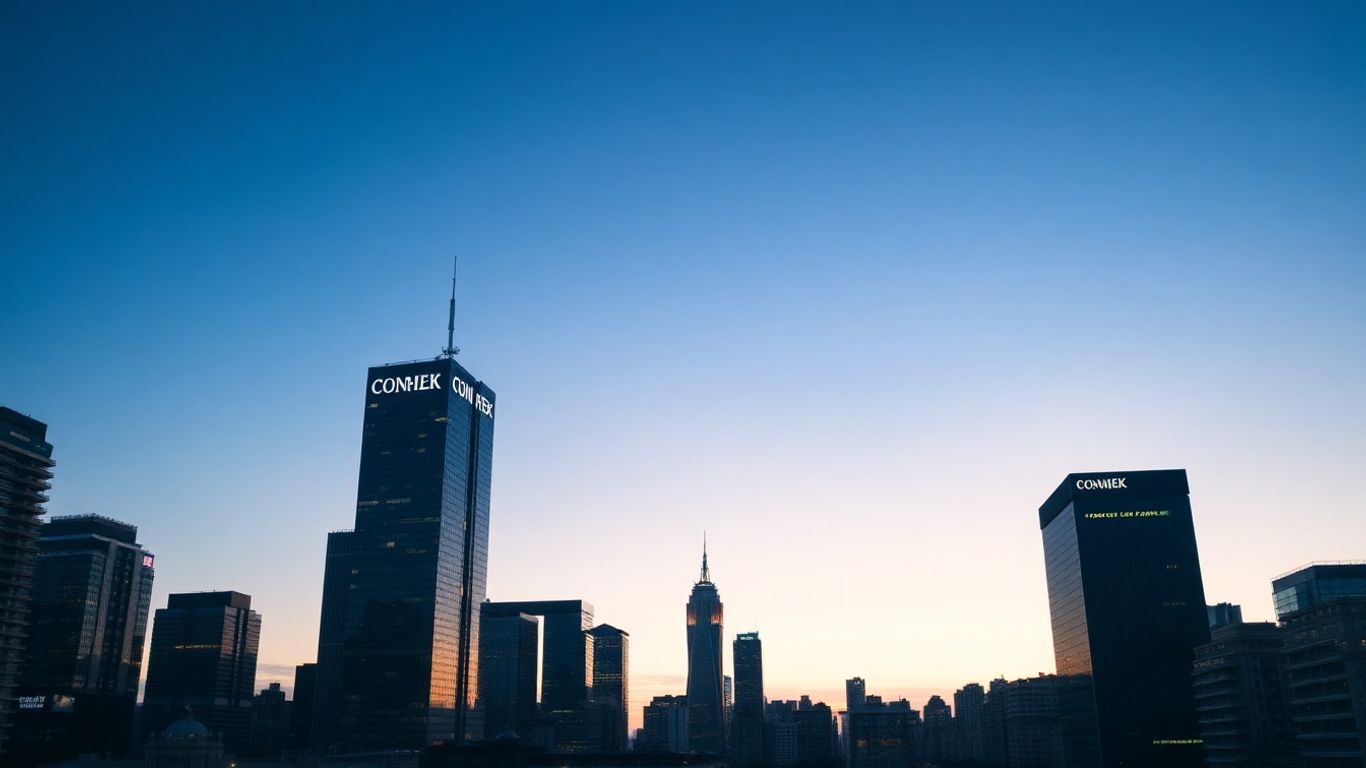 Cityscape at dusk with illuminated skyscrapers.