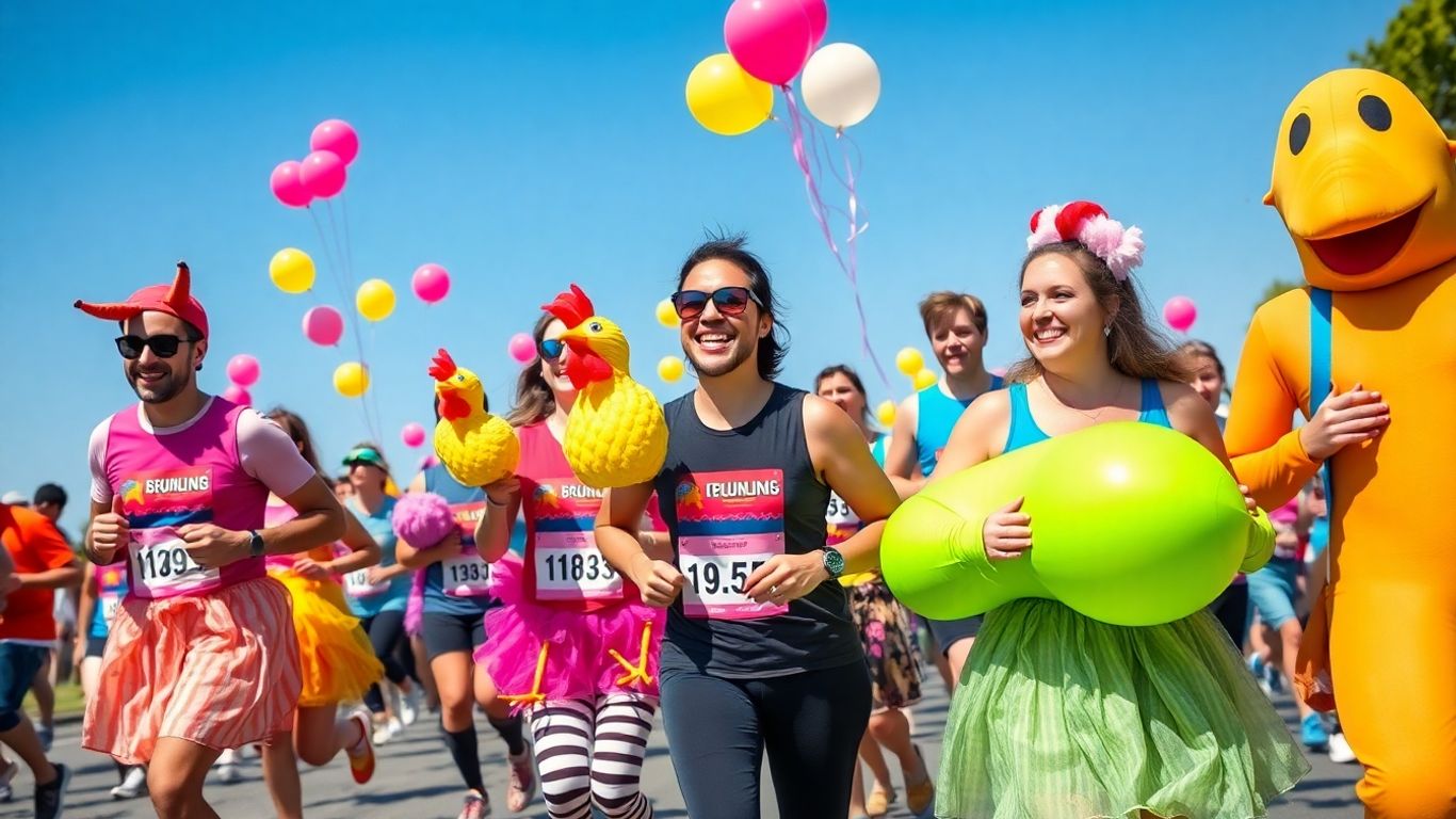 People in funny costumes at a charity event with balloons.