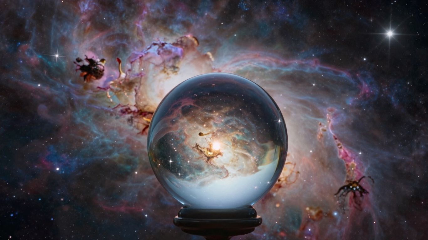 Celestial backdrop with crystal ball reflecting light.