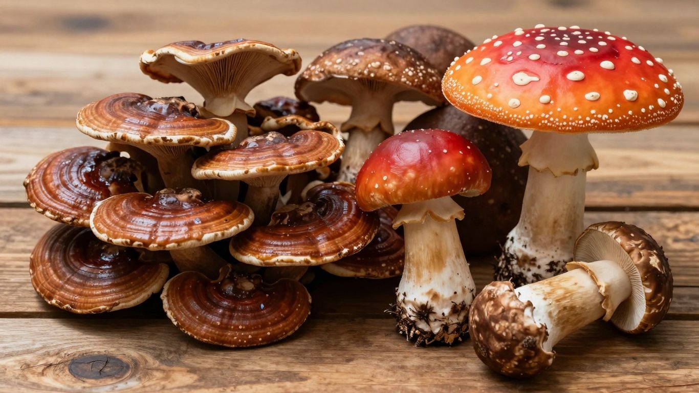 Різноманітні їстівні та мухомори на дерев'яному фоні.