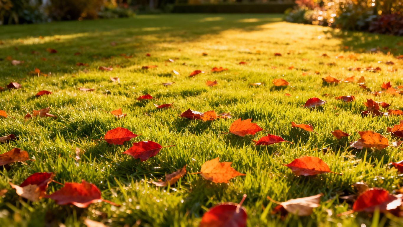Perfectly manicured fall lawn with scattered colorful leaves.