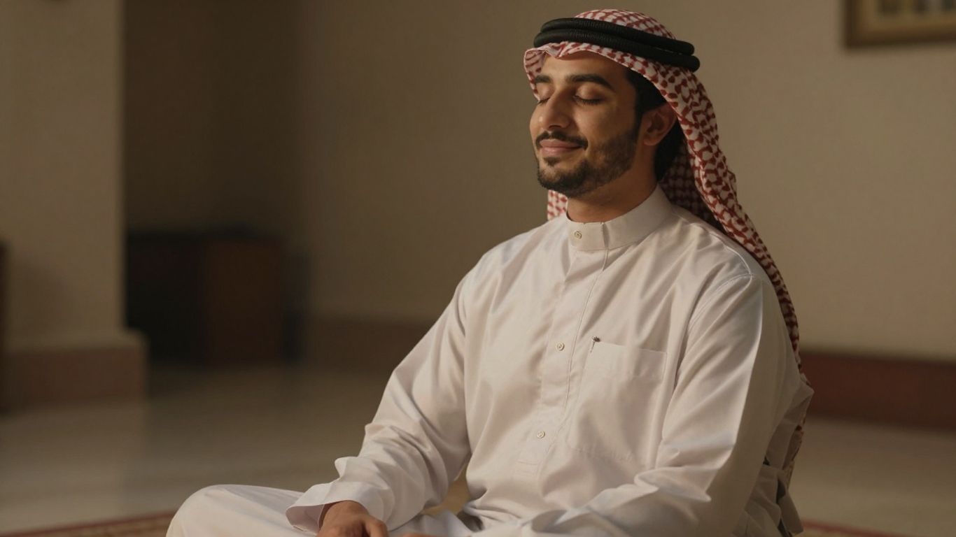 Person meditating with eyes closed and a gentle smile.