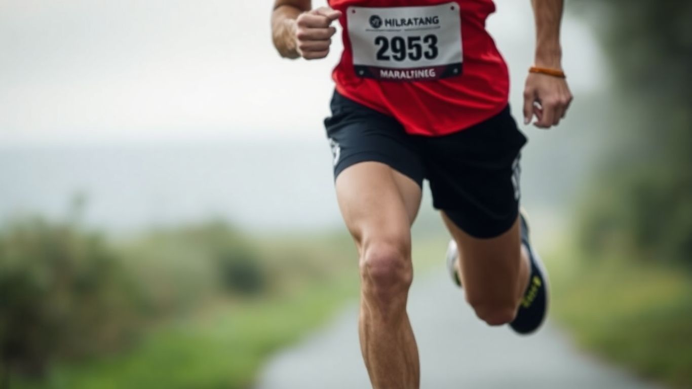 Runner's focused stride towards a marathon finish.
