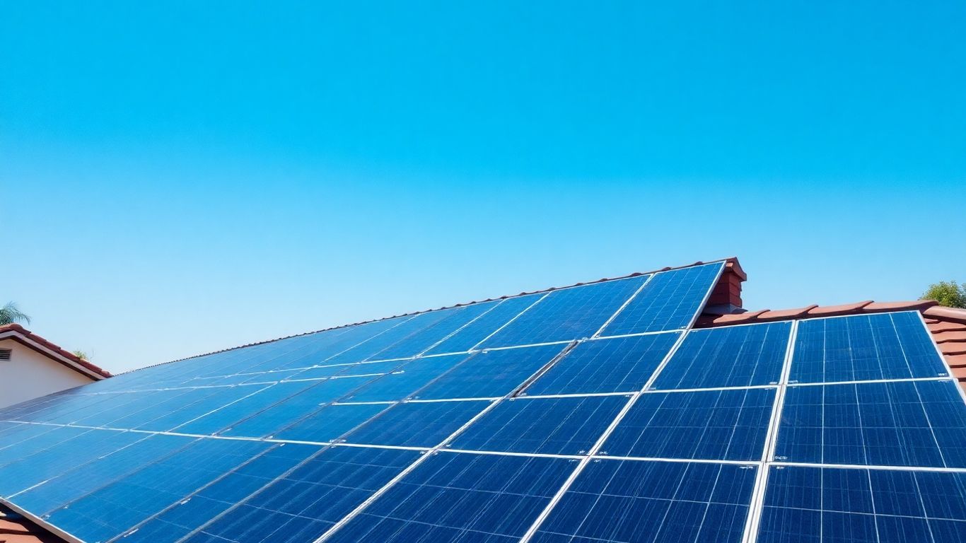 Solar panels on a roof under the sun.