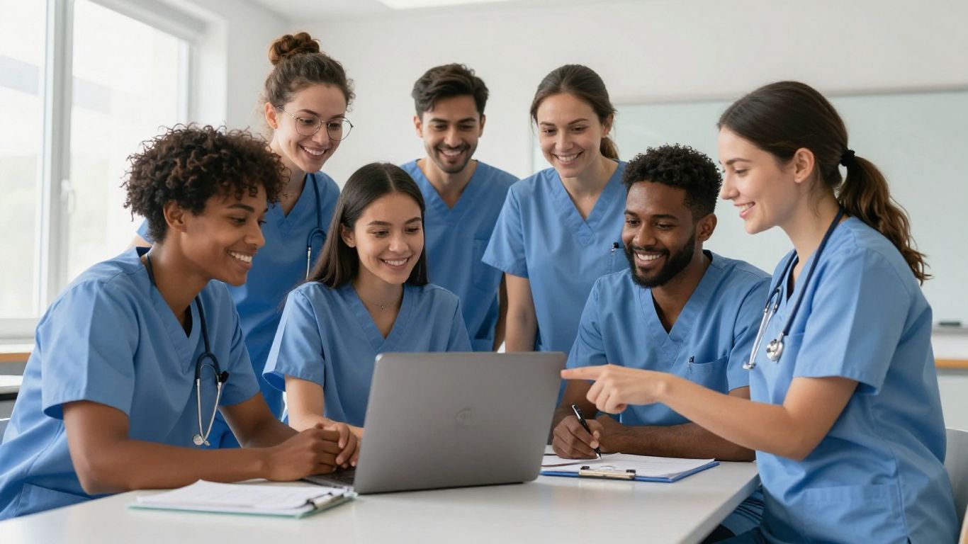 Students learning online for nursing assistant class.