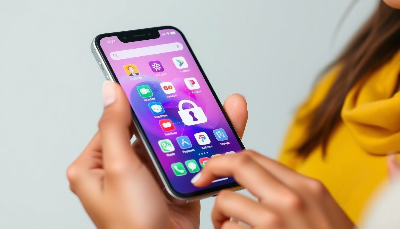 Uma mão segurando um smartphone com diferentes aplicativos financeiros modernos e gráficos coloridos na tela, transmitindo organização e controle financeiro