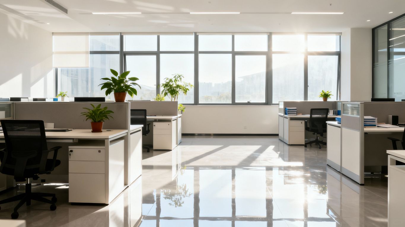 Čisté a upratané kancelárske priestory pripravené na prácu.