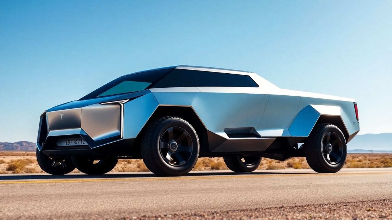 Futuristic Cybertruck EV pickup truck on an open road.