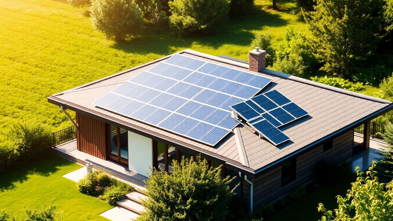 House with solar panels on the roof under the sun.