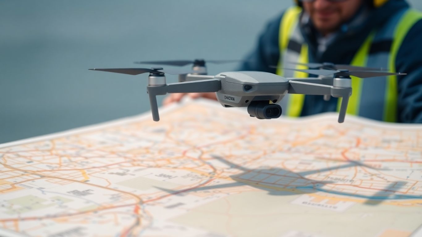 Drone flying over a map with pilot in background.