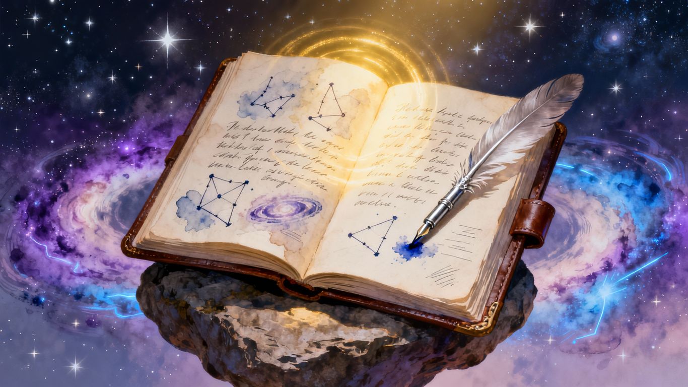 Astrology journal with cosmic illustrations and celestial background.