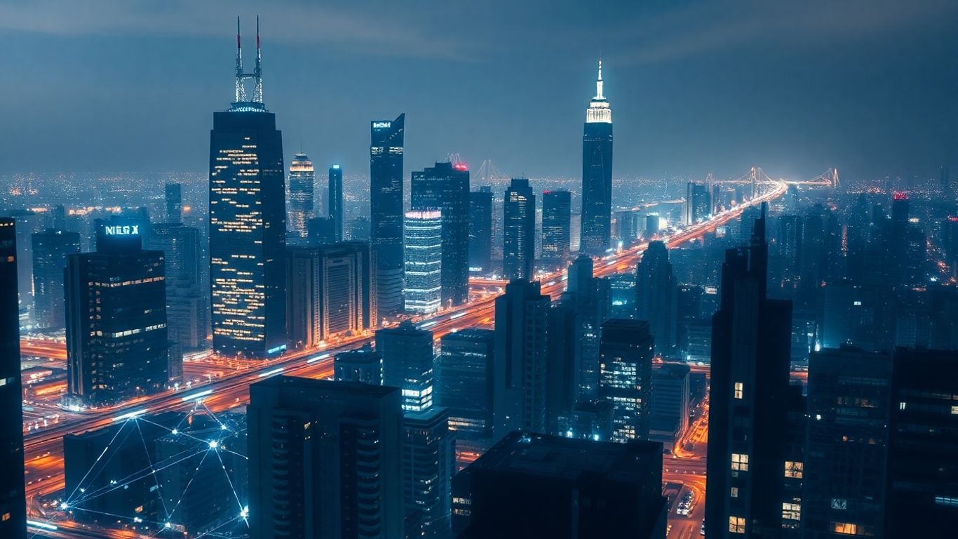 IA gestionando procesos y ciberseguridad en una ciudad.