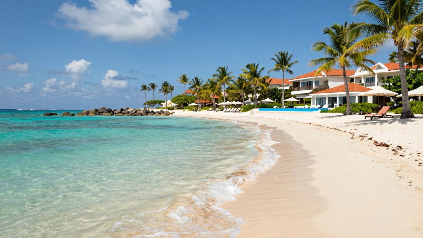 Plaża z palmami i turkusową wodą, luksusowy hotel.