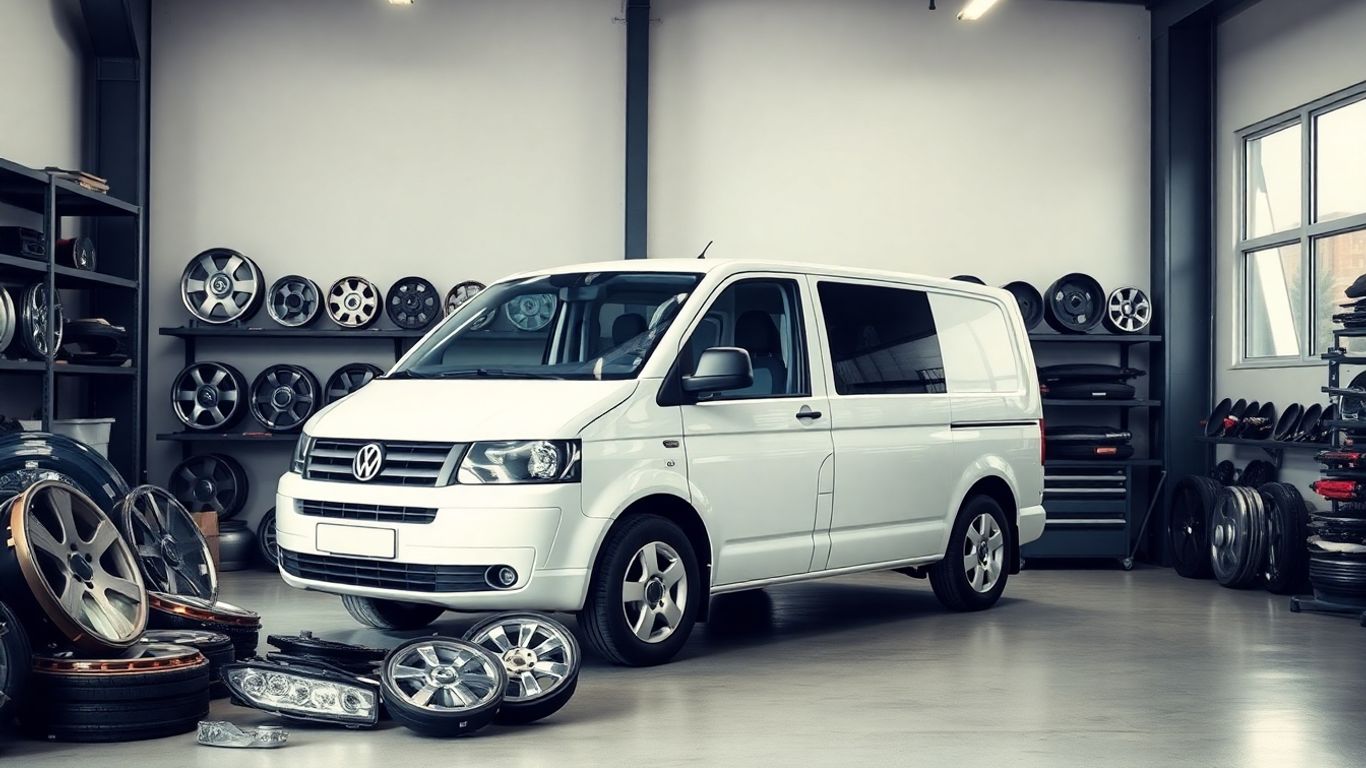 VW Transporter van with spare parts in garage