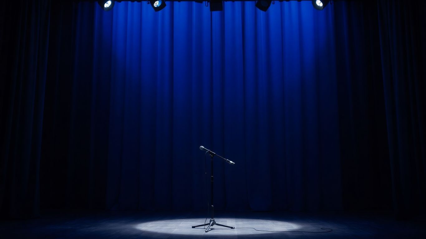 Empty comedy stage with spotlight and microphone.