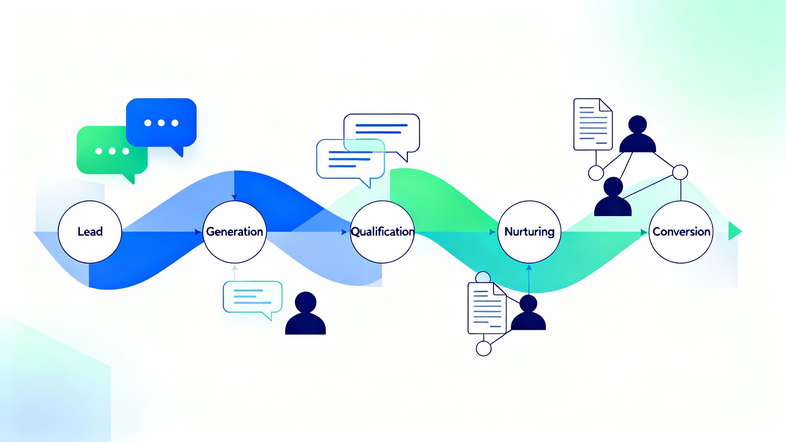 Abstract illustration of automated CRM pipeline with team collaboration elements
