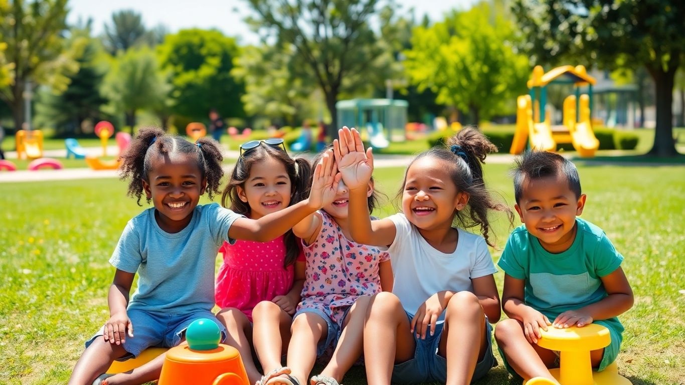 Kids sitting in park smiling and playing together