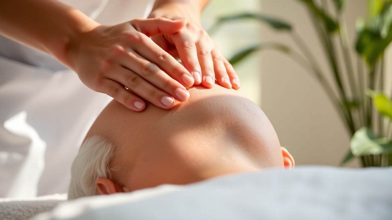 Therapist's hands gently touching a person's head.