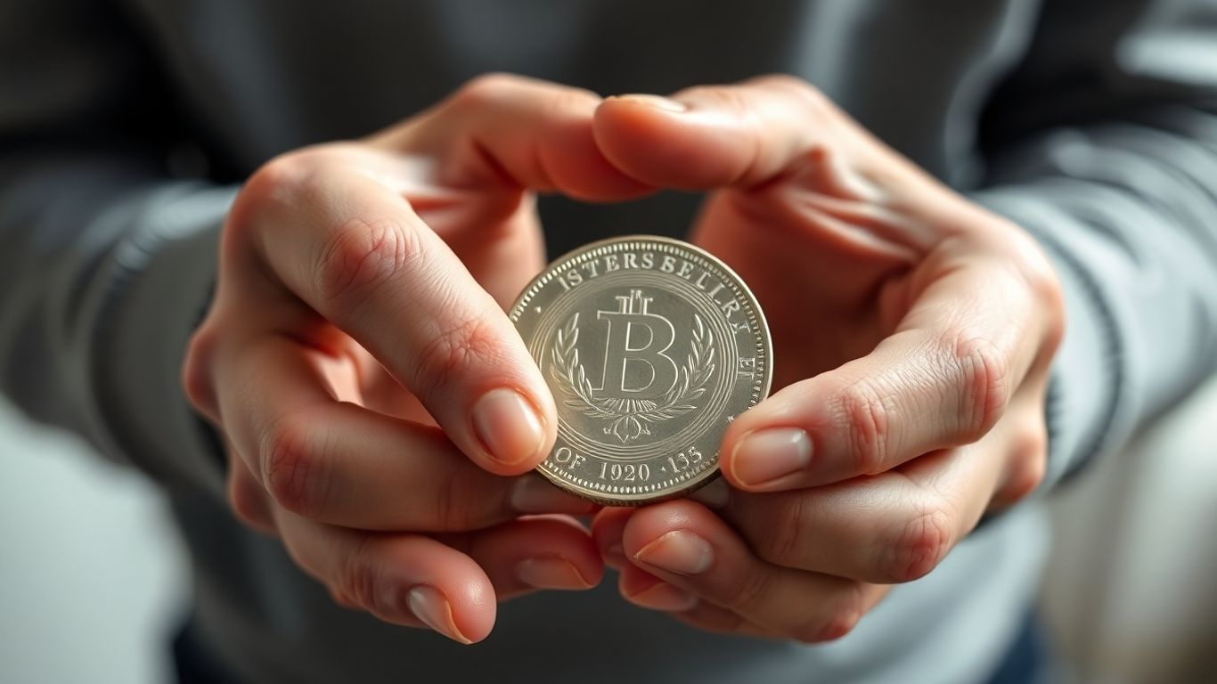 Hands carefully holding a shiny silver coin.