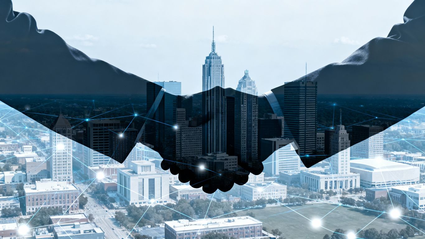 Indianapolis skyline with digital connections and handshake.