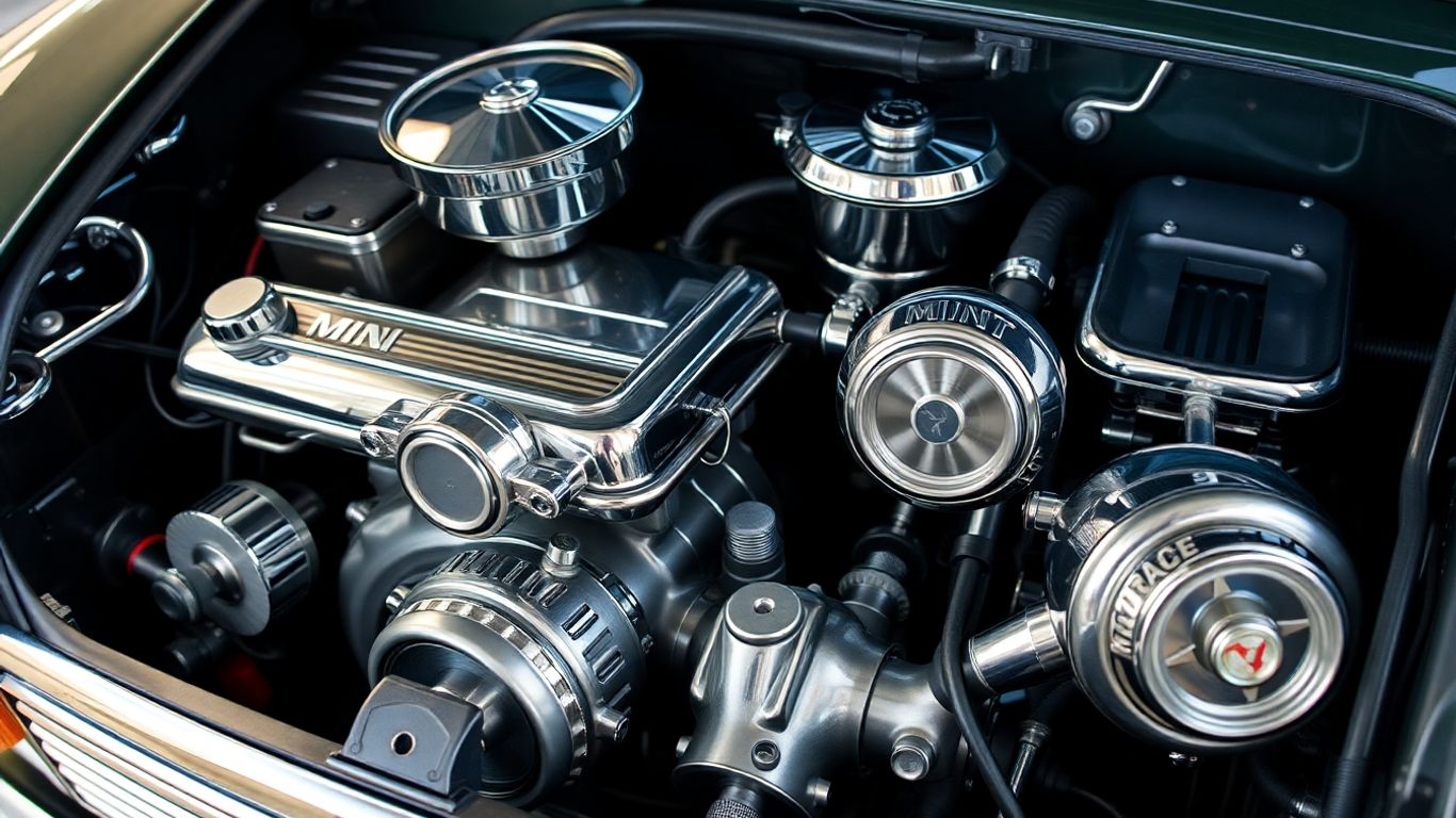 Mini Cooper engine bay with shiny spare parts.