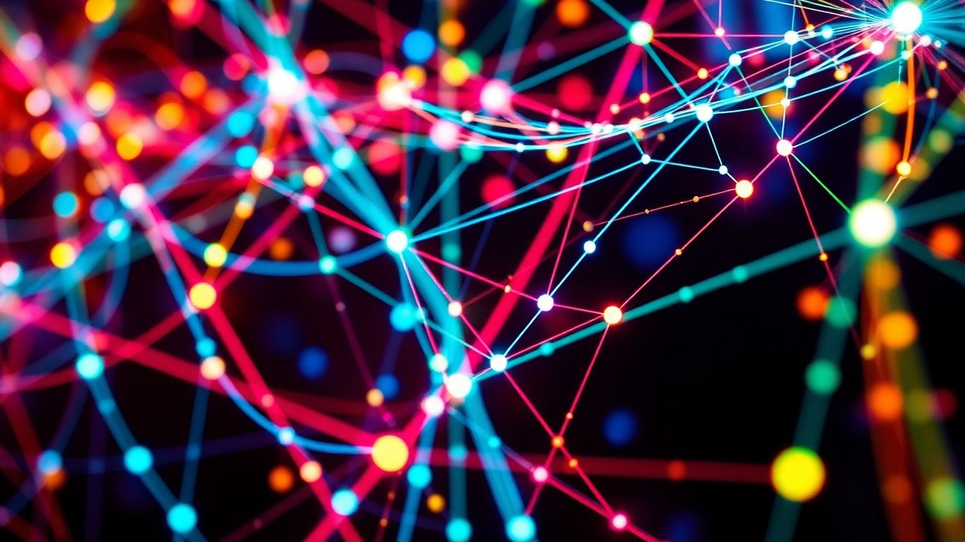 Interconnected nodes and flowing lines in a digital network.