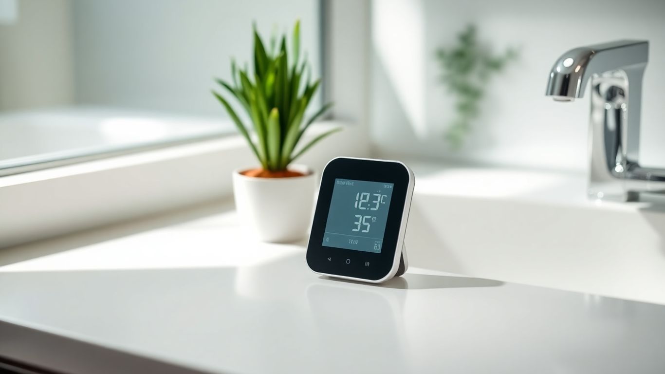Smart thermometer on a bathroom counter.
