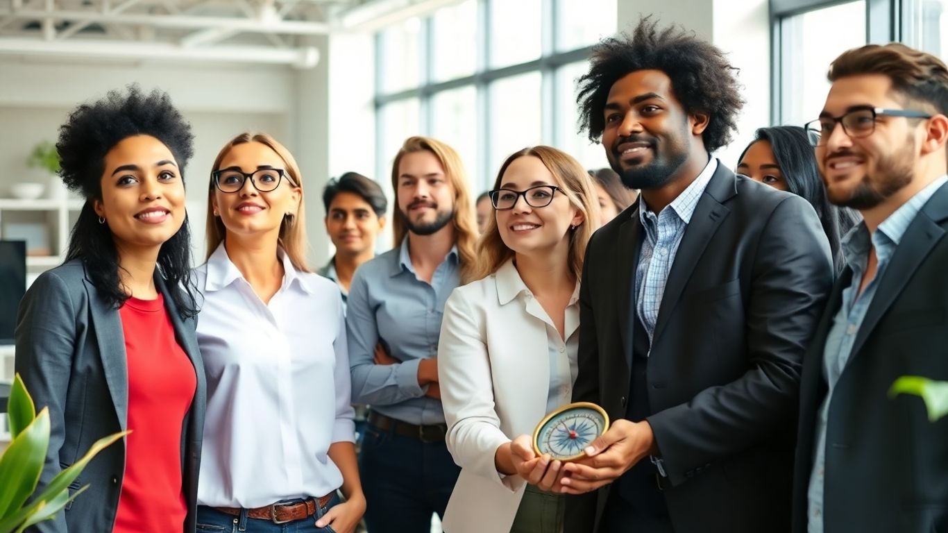 Team in office looking ahead with compass