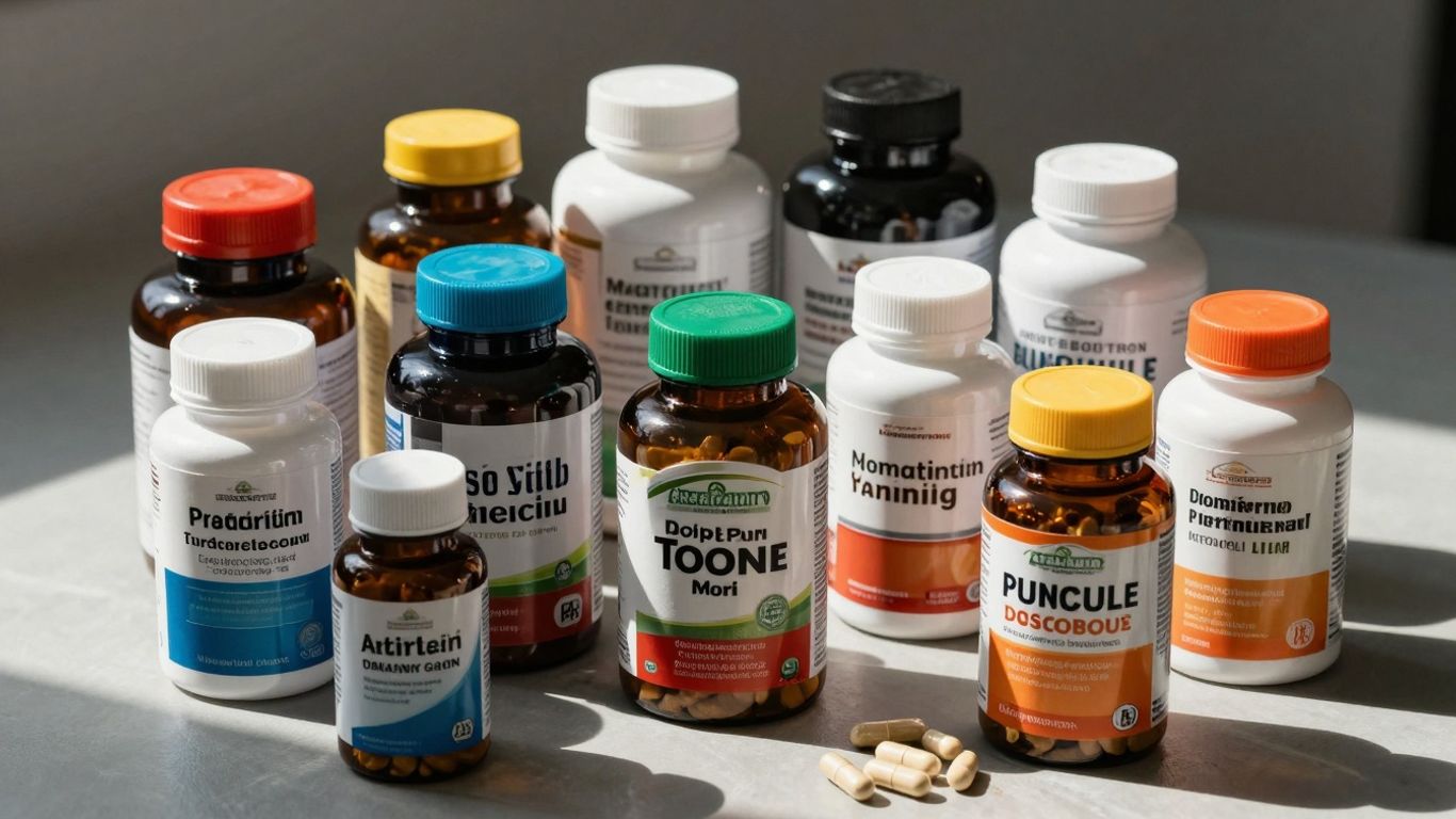 Garrafas e cápsulas de suplementos variados.