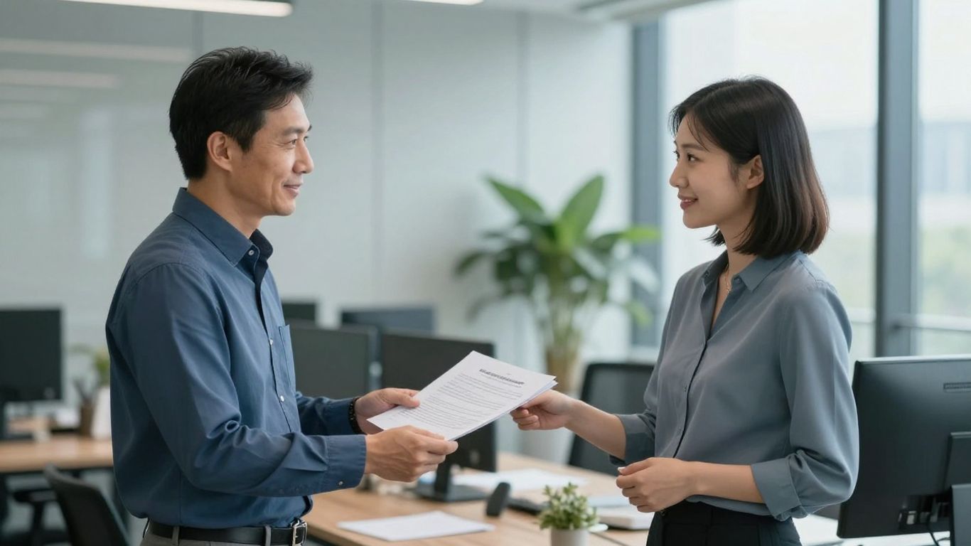 Zwei Geschäftsleute im Büro mit Dokumenten.
